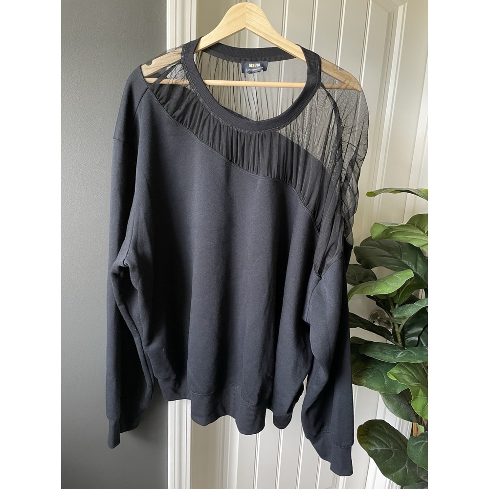 Maeve Black Sweatshirt Sheer Mesh Yoke Fleece Pullover Crew Neck Relaxed M